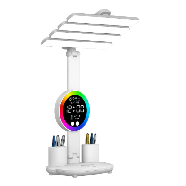 LÁMPARA DE MESA TÁCTIL CON RELOJ, LAPICERO Y RGB